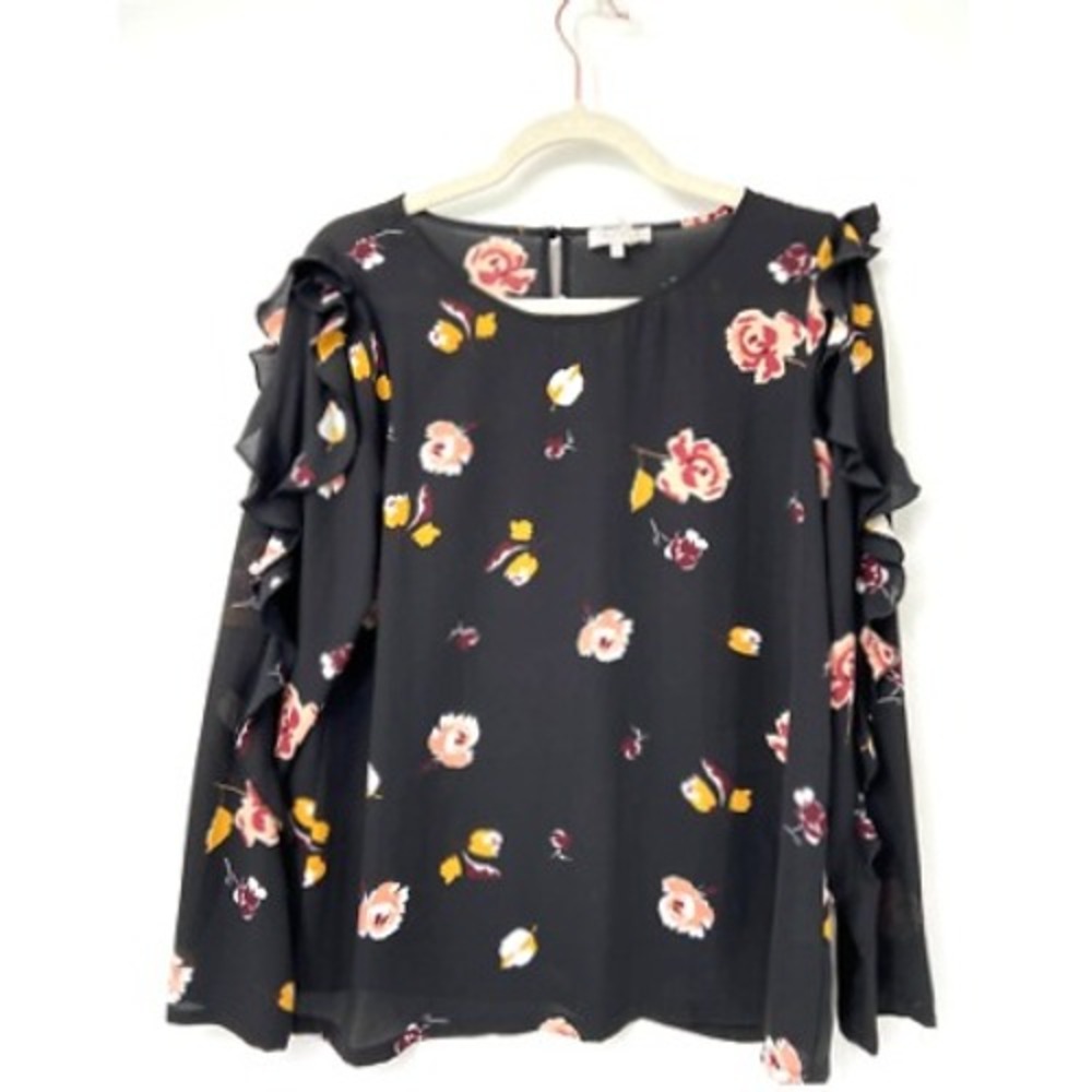 1.State Women Black Floral Print Ruffle Long Sleeve Top Small